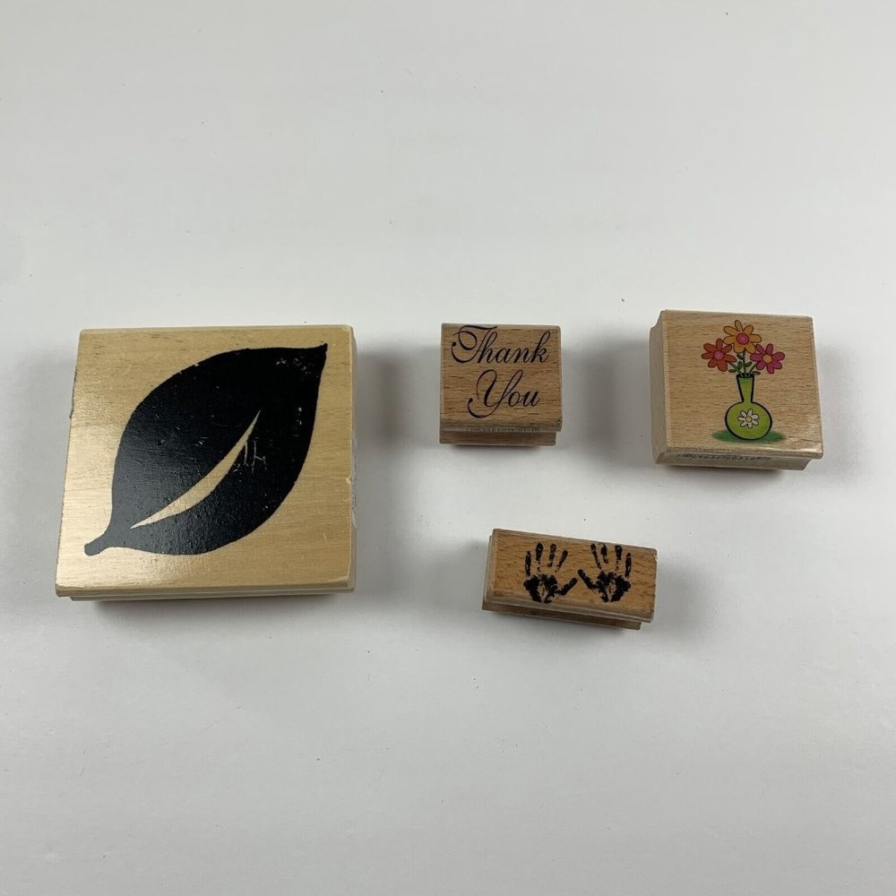 Lot Of 4 Multicolor Square Leaf,‎ Hands, Thanks & Vase Wooden Rubber Stamps 6168